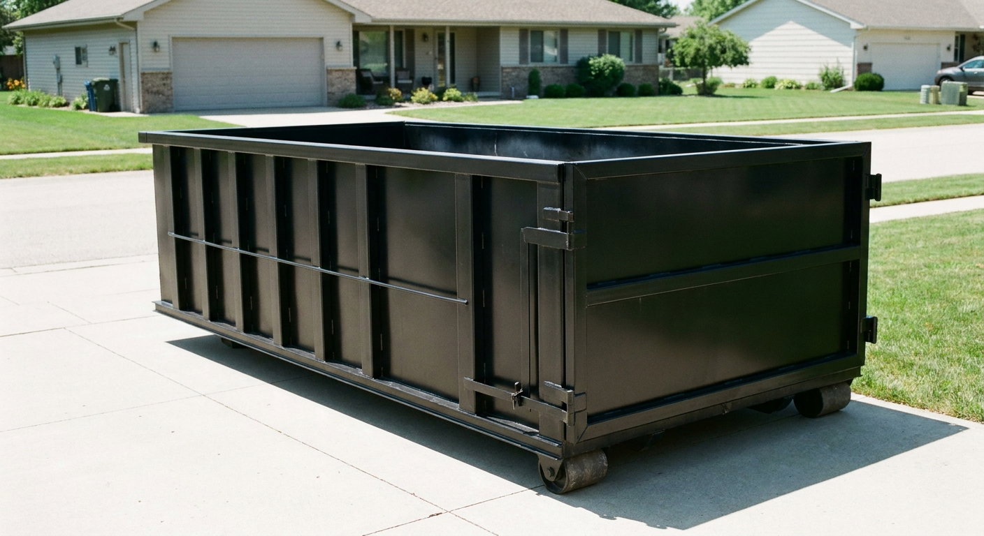 Matte-black 10-yard roll-off dumpster on a residential concrete driveway in Arvada, uniformly painted matte black across every panel and rail, ribbed steel sidewalls and rear swing door visible, mid-day daylight.