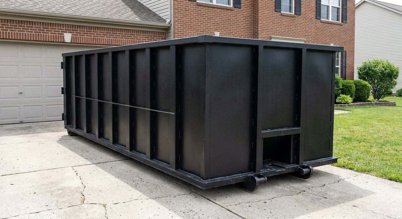 Matte-black 20-yard roll-off container on a Arvada residential concrete driveway with reinforced ribbed steel sidewalls and a hinged rear walk-in door, clean bright daylight.