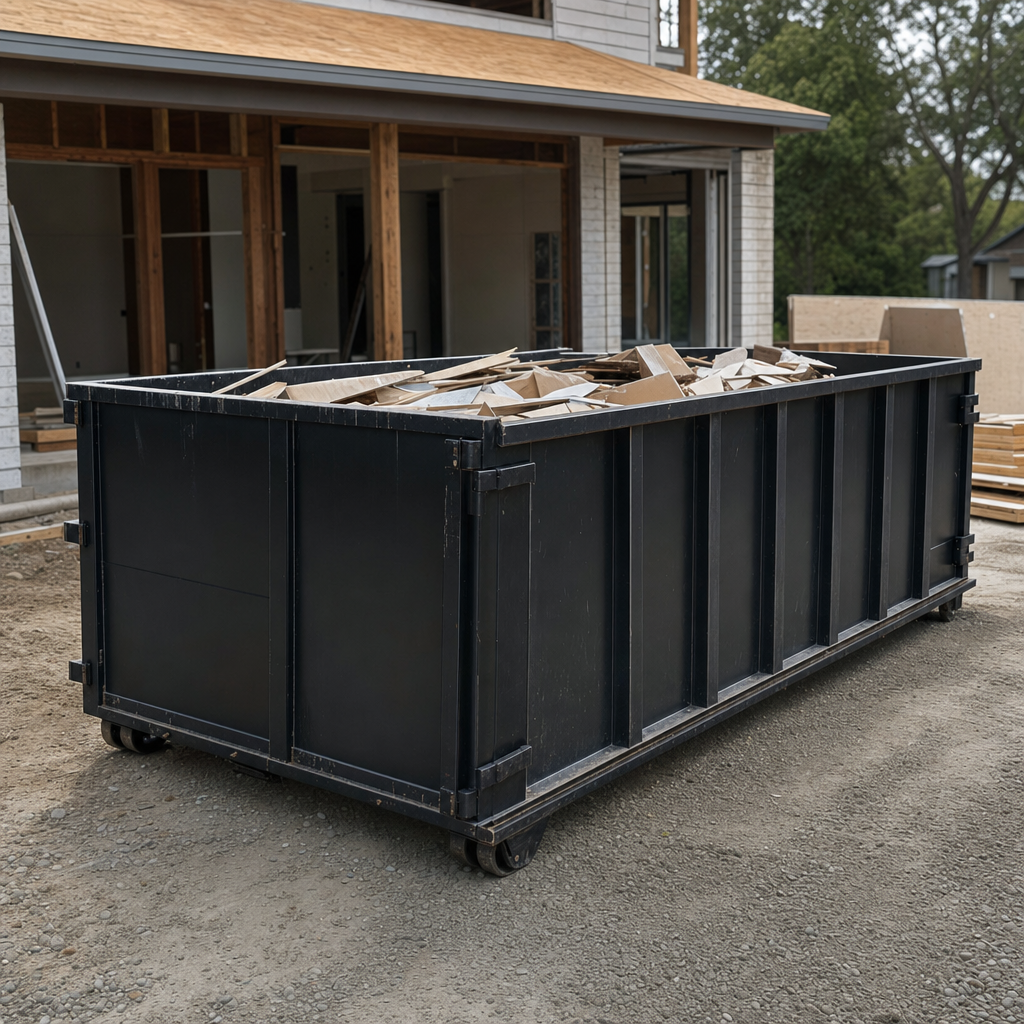 Large matte-black 30-yard construction roll-off dumpster at an active Arvada jobsite, steel-gray top rails and bottom rollers visible, loaded with construction debris.