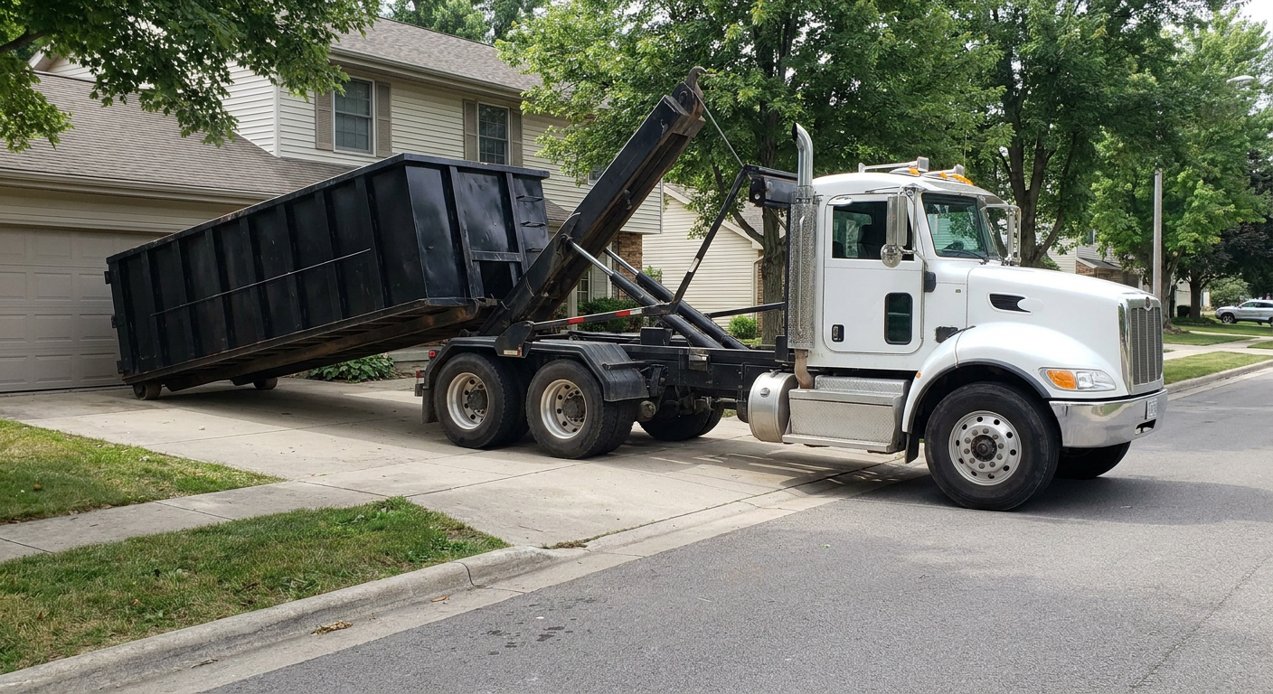 White-cab hooklift roll-off truck actively lowering a matte-black dumpster onto a Arvada residential concrete driveway, the dumpster's rear wheels touching the driveway as the hoist arm tilts the bed forward, mid-morning daylight.