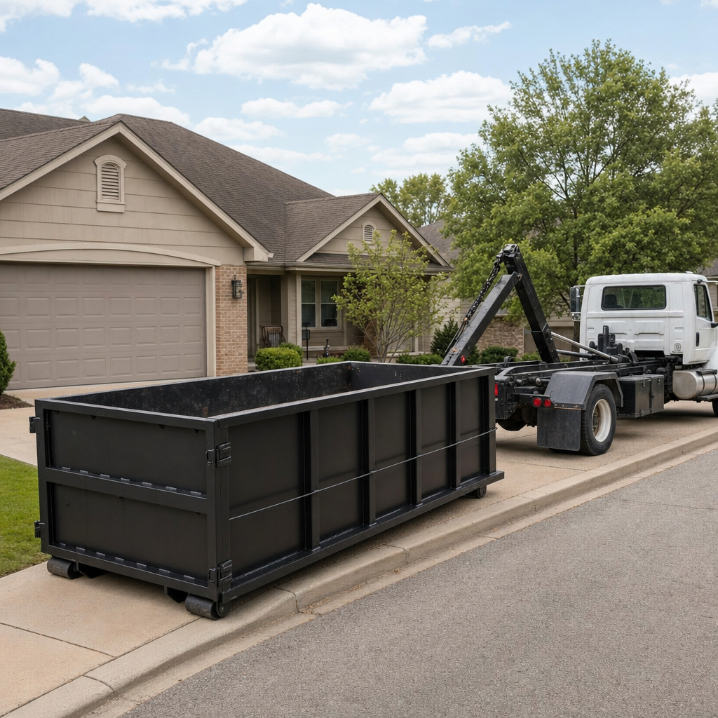 Wide documentary shot of a matte-black roll-off dumpster on a Arvada residential driveway in the foreground and a contractor jobsite container in the soft-focus background, bright daylight, calm and orderly composition.